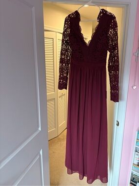 Lulu's Long Lace Bodice Evening Dress in Burgundy